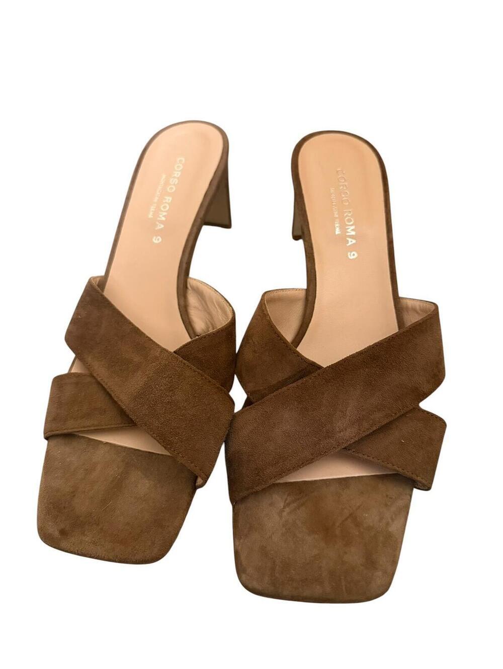 Corso Roma sz 40 Brown Suede Slip-On Crisscross Straps Block Heel Luxury
